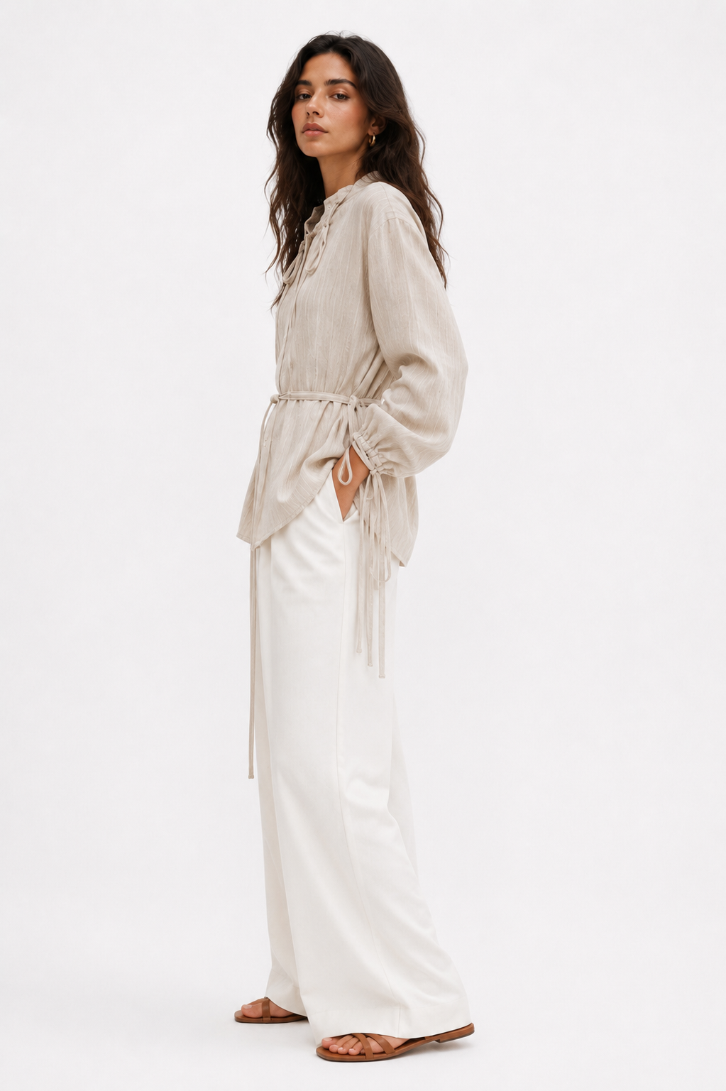 Linen Tie-Waist Blouse - Beige