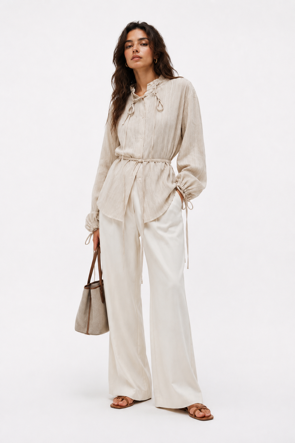 Linen Tie-Waist Blouse - Beige